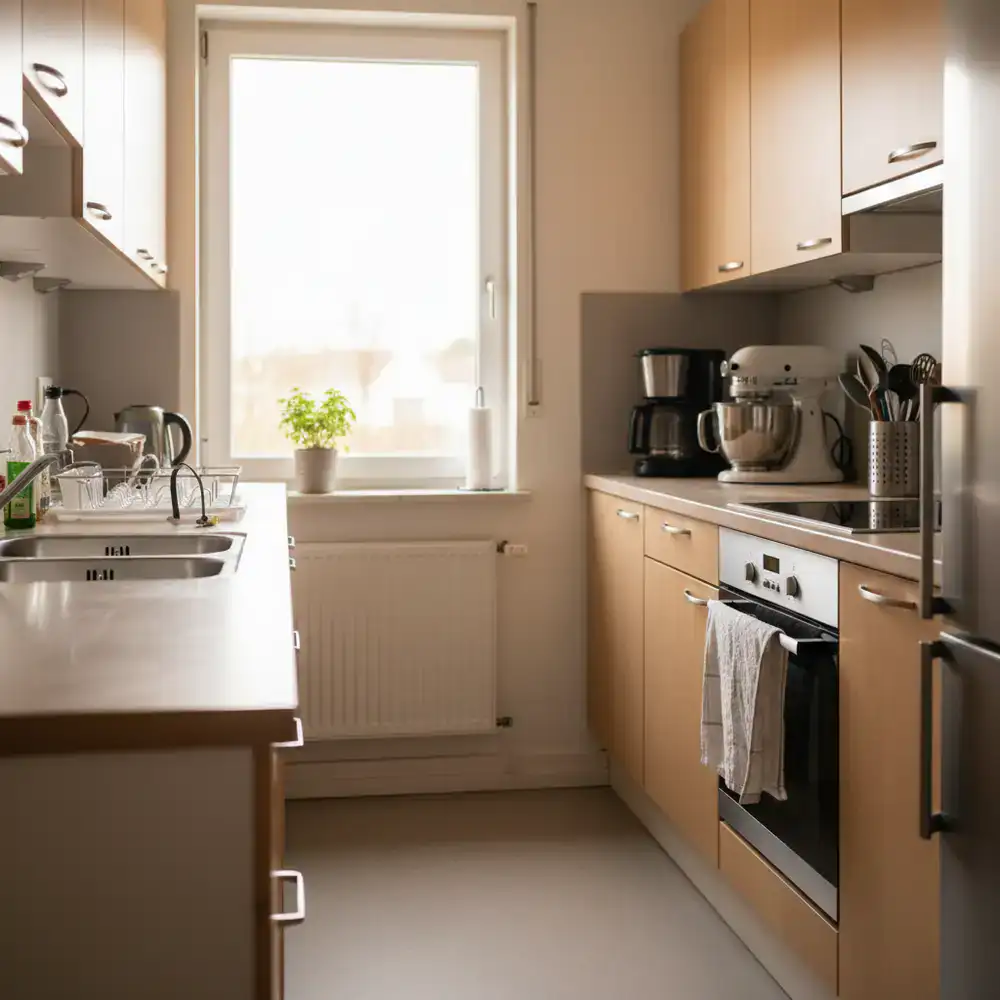 Een opgeruimde keuken ter voorbereiding op de monteur