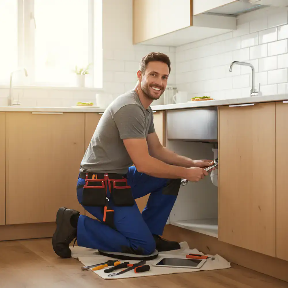 Vriendelijke monteur aan het werk in een keuken