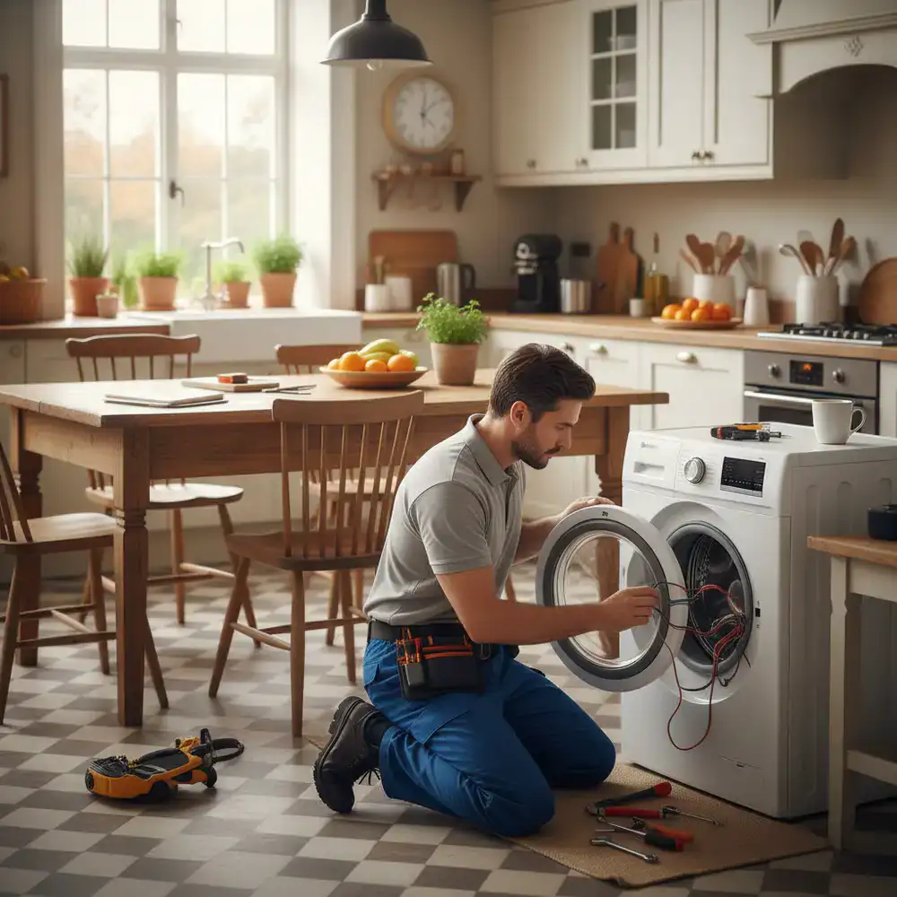 Monteur repareert een wasmachine in een gezellige keuken